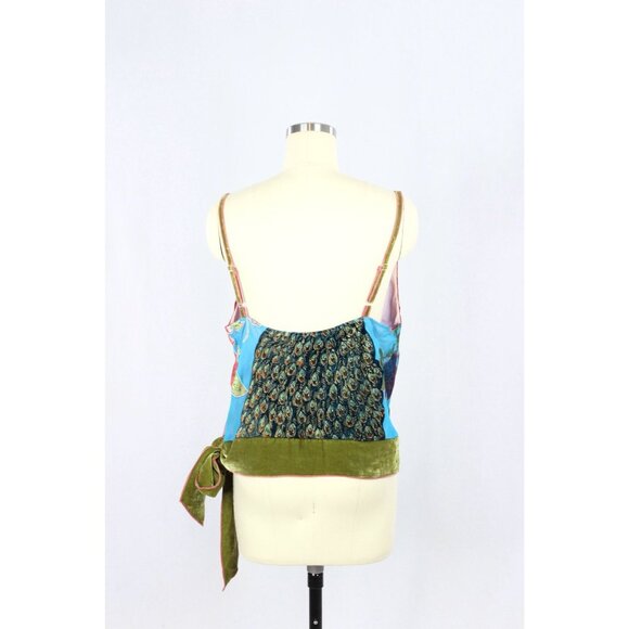 HALE BOB Blue Silk Burnout Velvet Beaded Peacock Cowl Neck Tank Top, Size M - Picture 3 of 13